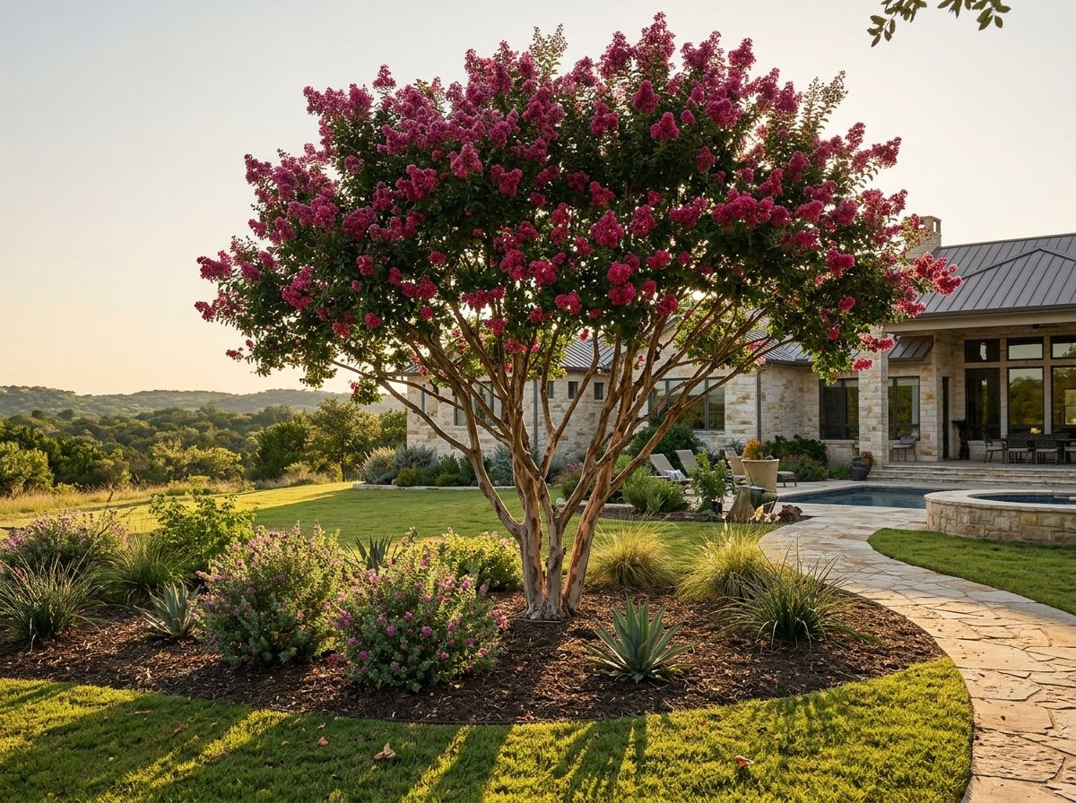 Crape Myrtle tree with clusters of pink flowers and green foliage in a landscape planting.