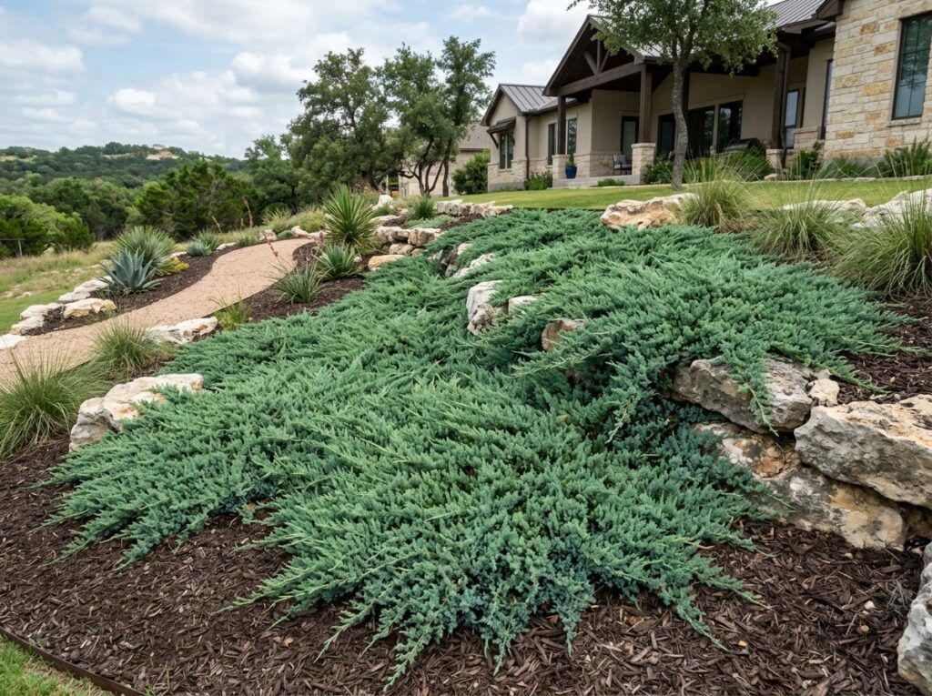 Creeping Juniper groundcover with dense green needle foliage spreading low over soil in a nursery pot.