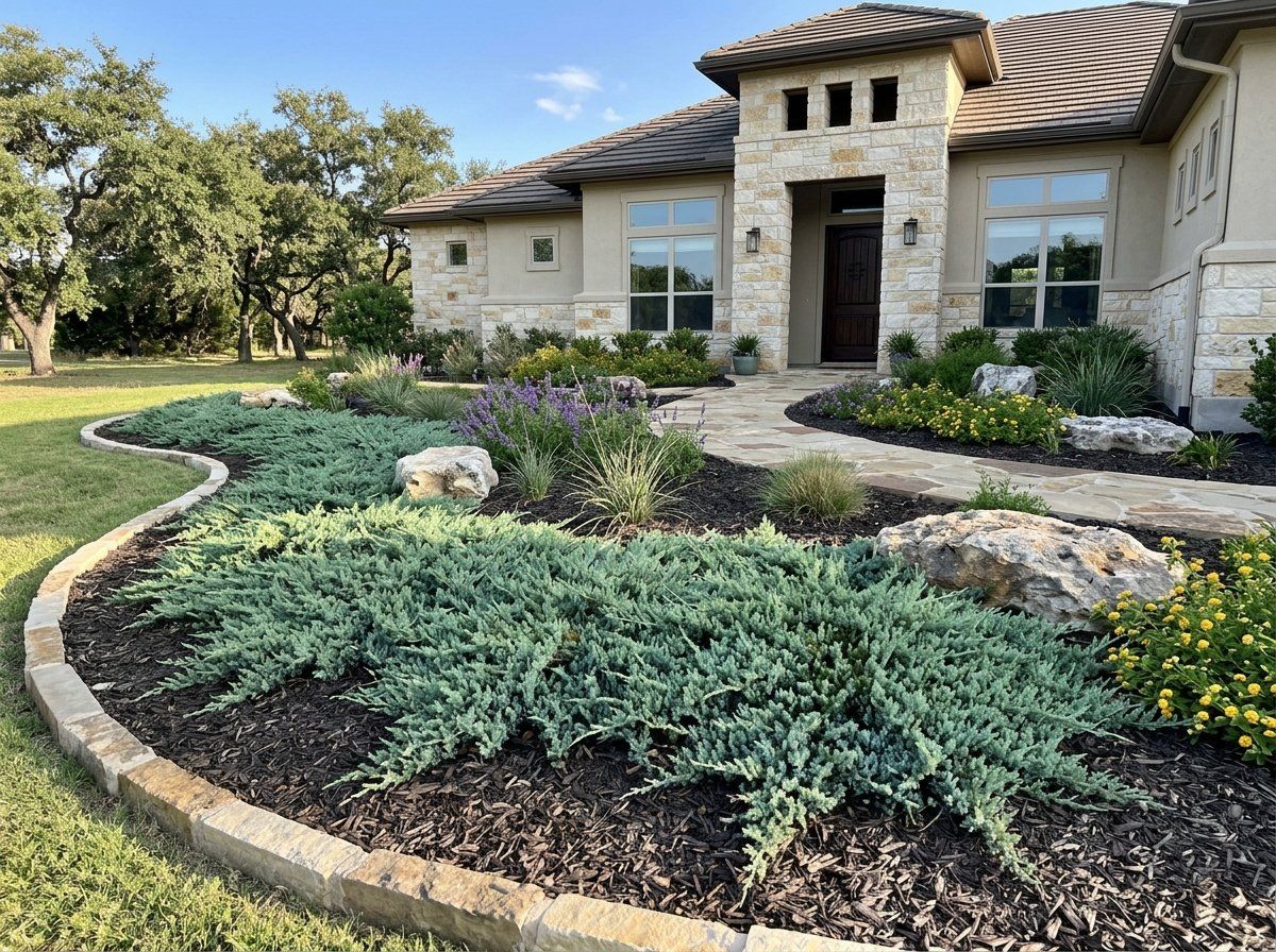 Creeping Juniper groundcover with dense, low-spreading blue-green evergreen foliage in a landscape bed.