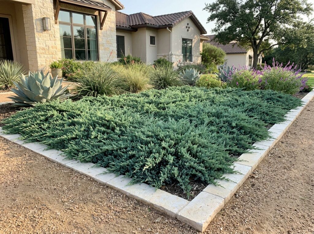 Creeping Juniper groundcover with dense, low-spreading evergreen needles in a landscape bed.