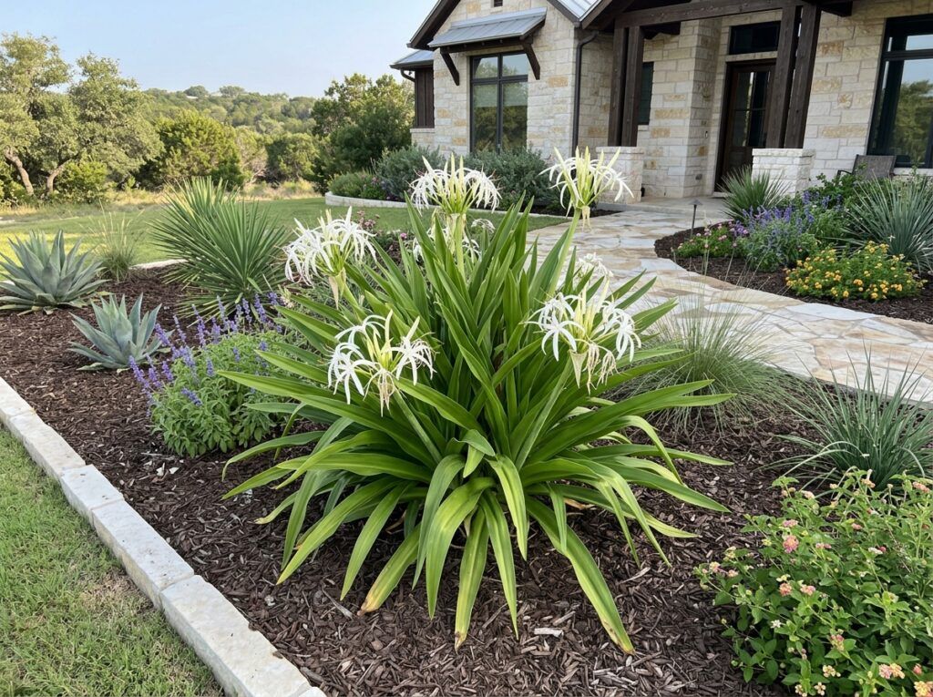 Crinum Lily perennial with arching green strap leaves in a nursery container.