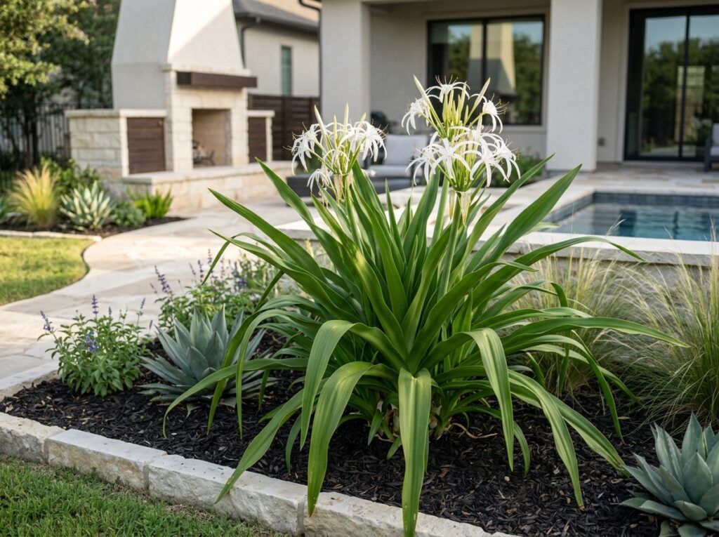 Crinum Lily perennial in a nursery pot with long, arching green strap leaves.