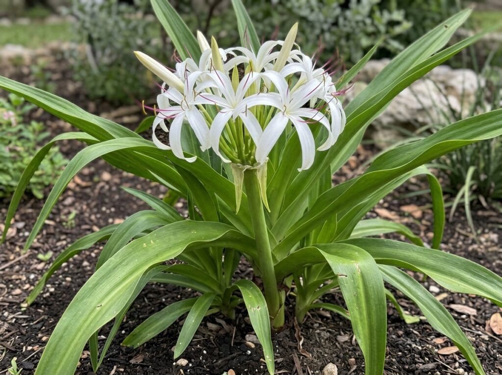 Crinum Lily perennial with strap-like green leaves and pink-and-white blooms in a nursery pot.