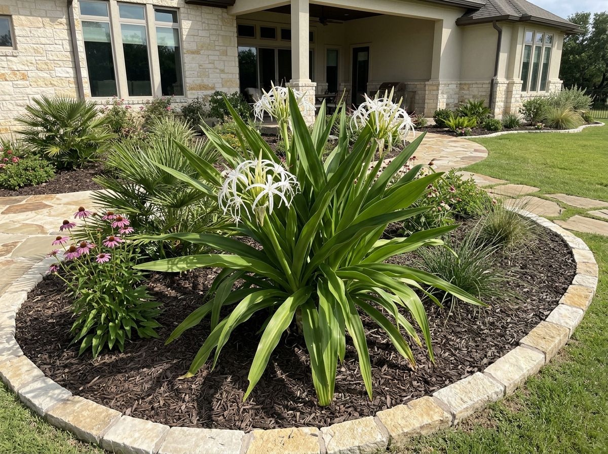Crinum Lily perennial with arching green leaves and tall stalks of pink-and-white flowers in a garden bed