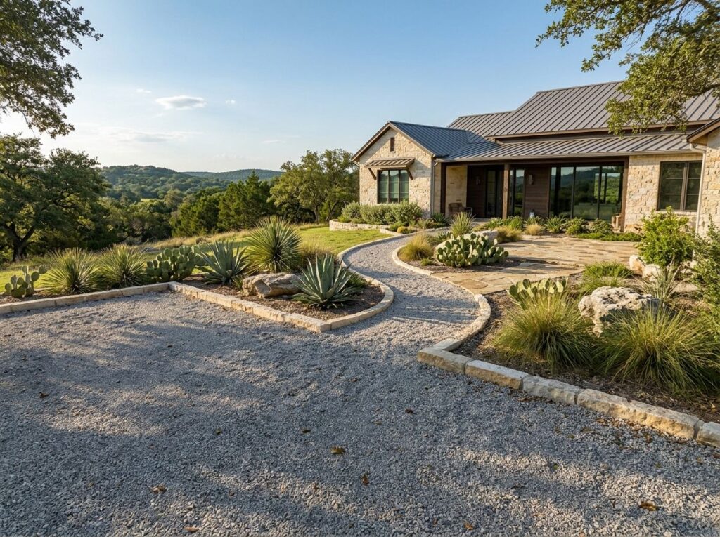 Crushed Limestone ground cover spread in a landscape bed, light gray angular stones forming a compact surface.