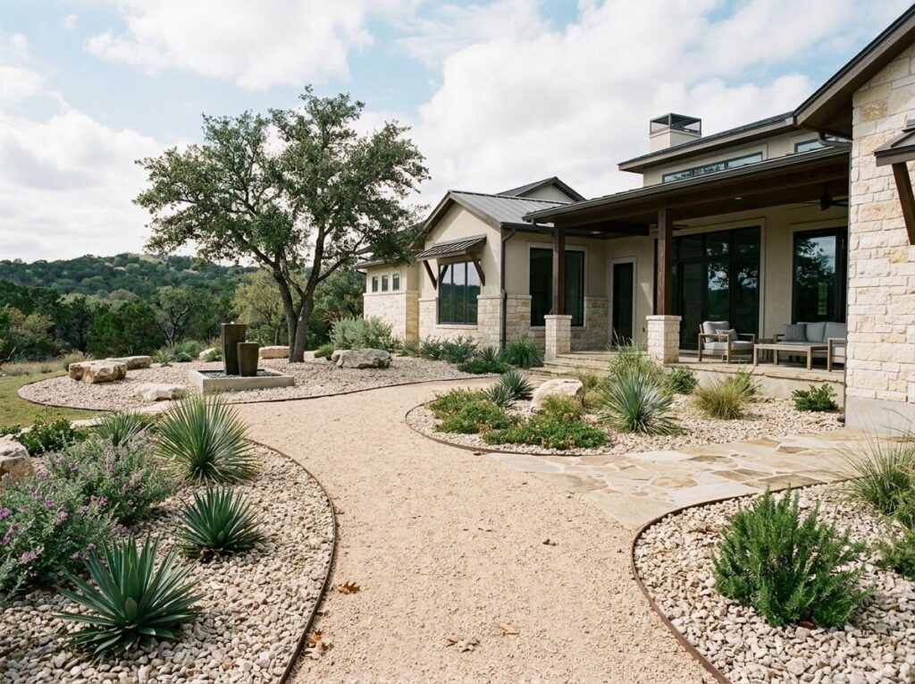Crushed Limestone ground cover spread in a light gray layer along a landscaped bed beside edging.