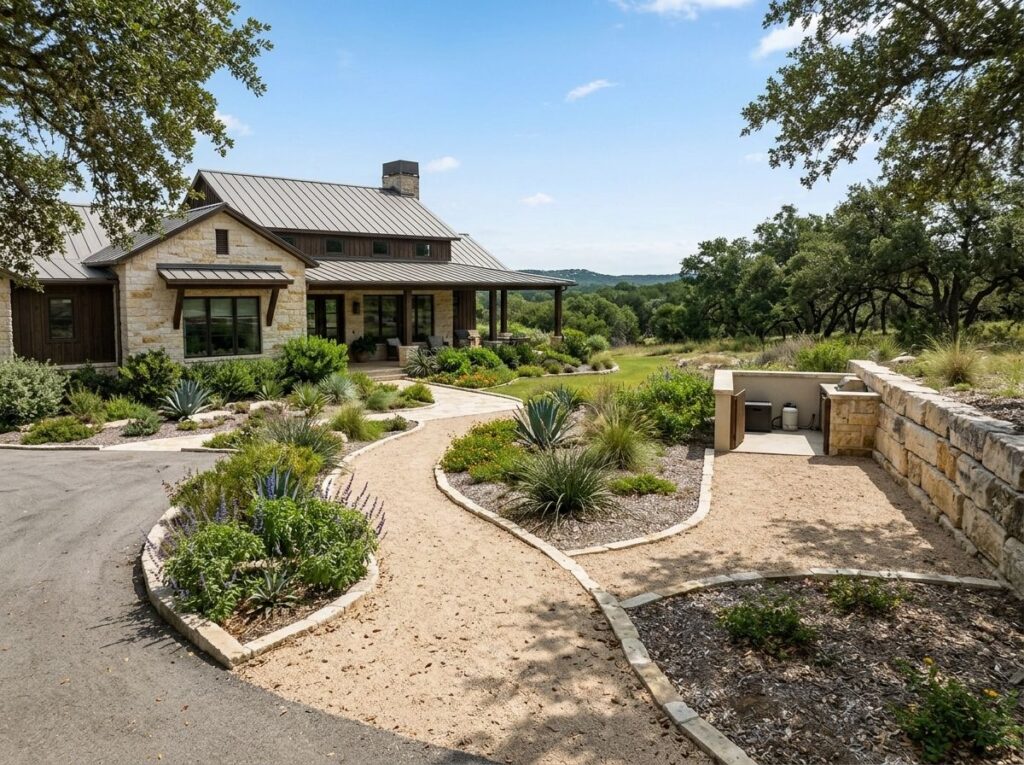 Crushed Limestone ground cover spread in a light gray, chunky layer along a landscaped bed.