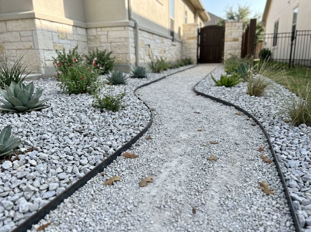 Crushed Limestone ground cover in light gray crushed stone pieces spread as a landscape base.