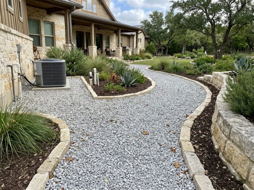 Crushed Limestone ground cover of light gray angular gravel spread evenly for landscaping.