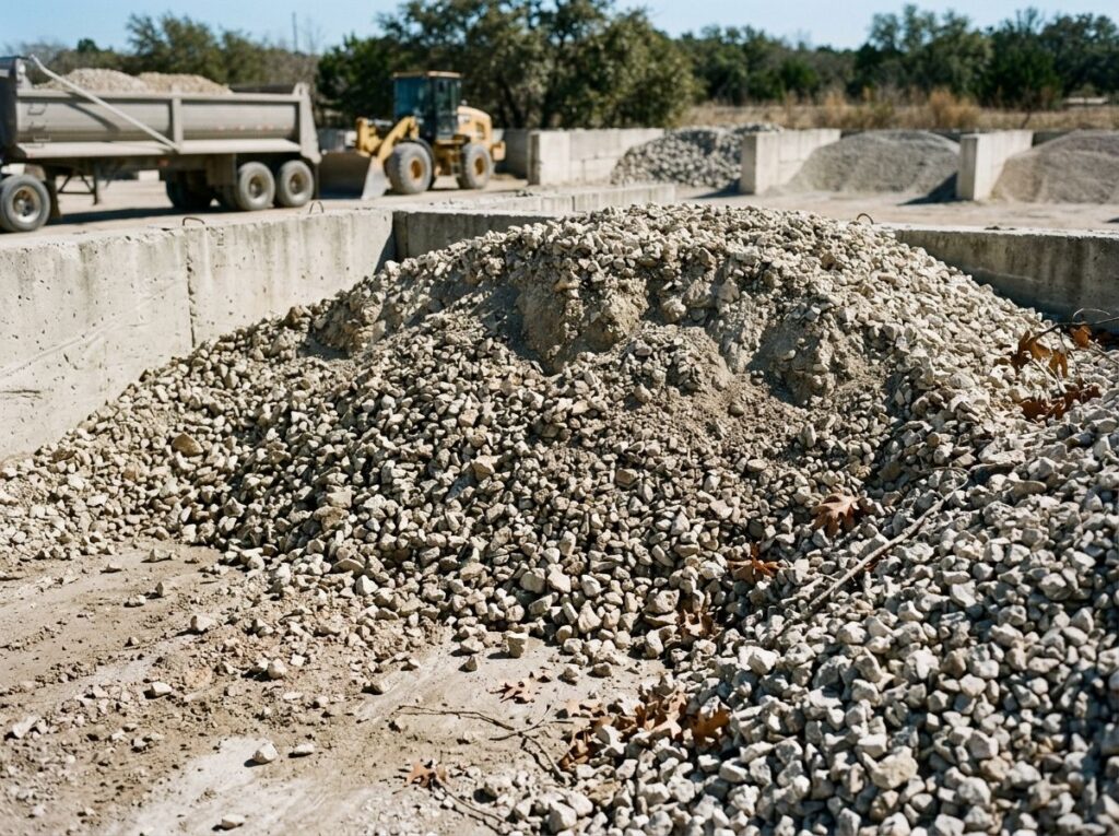 Crushed Limestone ground cover with light gray, angular gravel spread in a neat layer for landscaping.