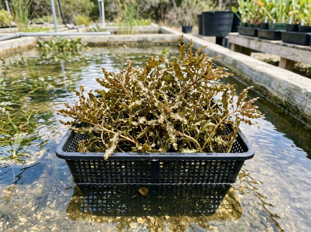 Curlyleaf Pondweed aquatic plant with curly green leaves floating in shallow pond water.