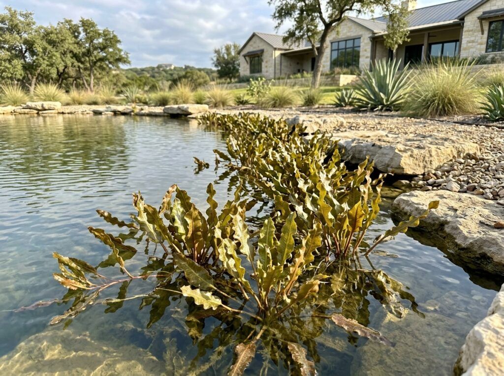 Curlyleaf Pondweed aquatic plant with curly green submerged leaves in water.