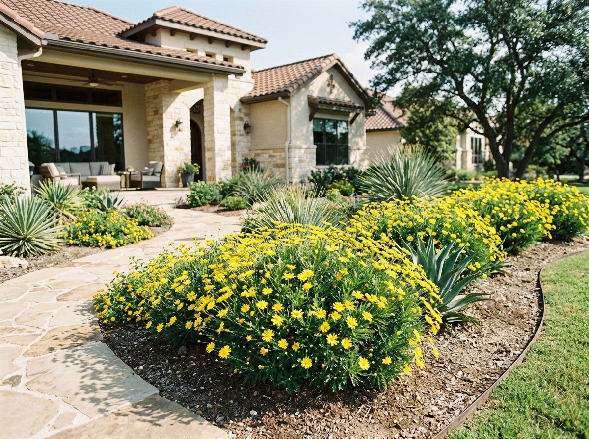 Damianita groundcover with bright yellow daisy-like flowers and fine green foliage in bloom.