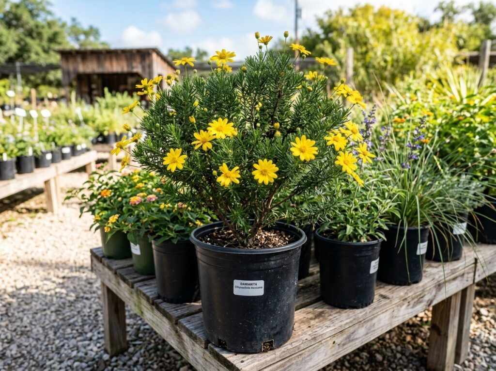 Damianita shrub with dense green foliage covered in small yellow daisy flowers in landscape.