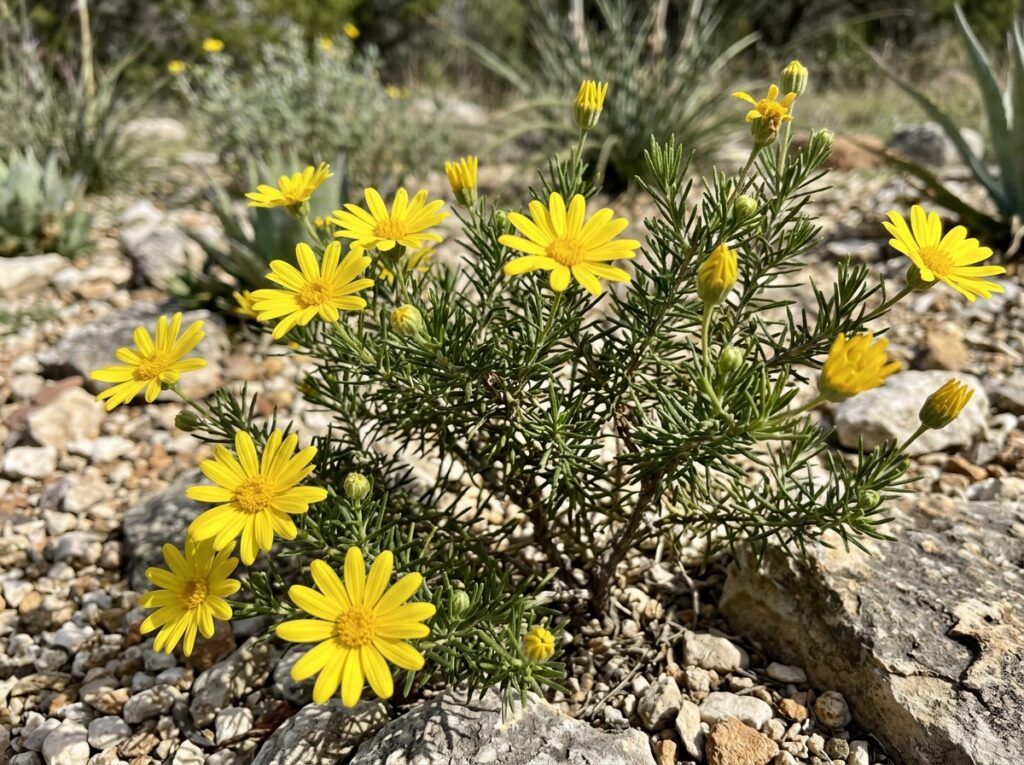 Damianita shrub with gray-green foliage and small yellow daisy flowers in a nursery container.