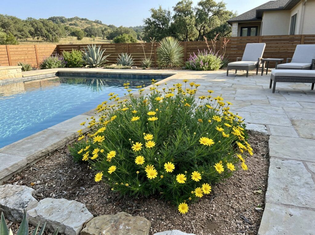 Damianita shrub in a nursery pot, dense green foliage covered with small yellow daisy-like blooms.