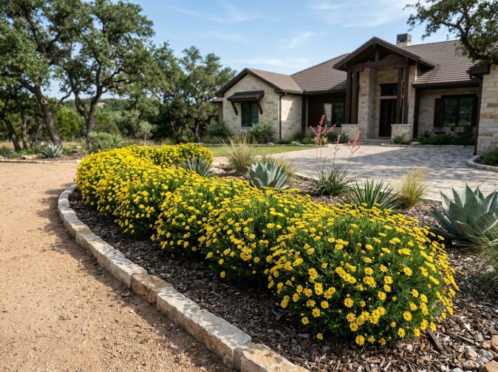 Damianita shrub with bright yellow daisy-like flowers covering a low, mounded plant in the landscape.