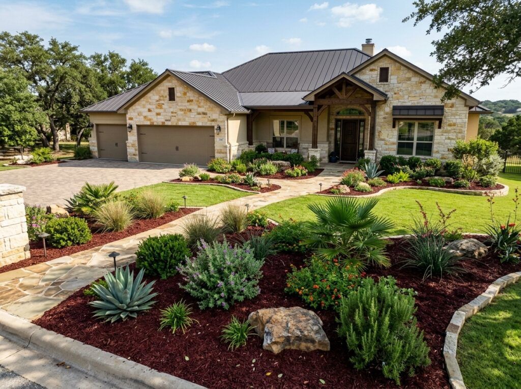 Dark Dyed Red Mulch ground cover spread in a landscape bed, rich red wood chips around shrubs and edging.