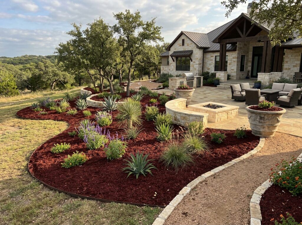 Dark Dyed Red Mulch ground cover spread in a landscaped bed, showing rich dark red shredded mulch texture.