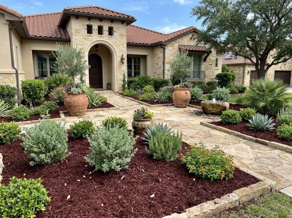 Dark Dyed Red Mulch ground cover spread in a neat layer around plants, showing rich deep red shredded texture.