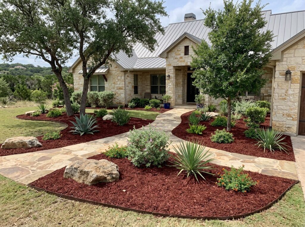 Dark Dyed Red Mulch ground cover spread around plants in a landscaped bed, deep red shredded texture.