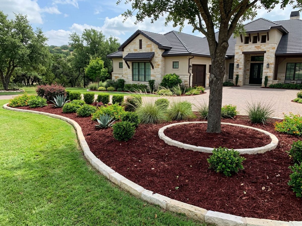 Dark Dyed Red Mulch ground cover in a neat layer, deep red shredded mulch spread evenly over soil.