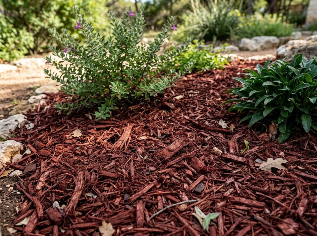 Dark Dyed Red Mulch ground cover in a close-up view, showing deep red wood chips with rough texture.