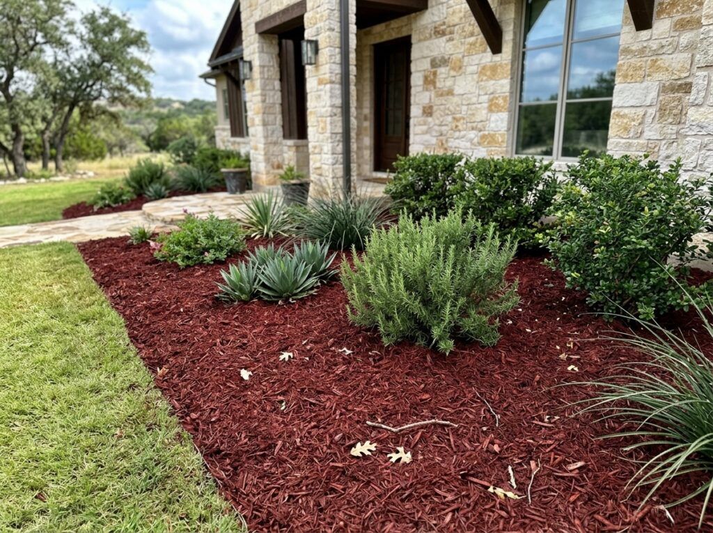 Dark Dyed Red Mulch ground cover spread in a thick layer, deep red wood chips with rich texture.