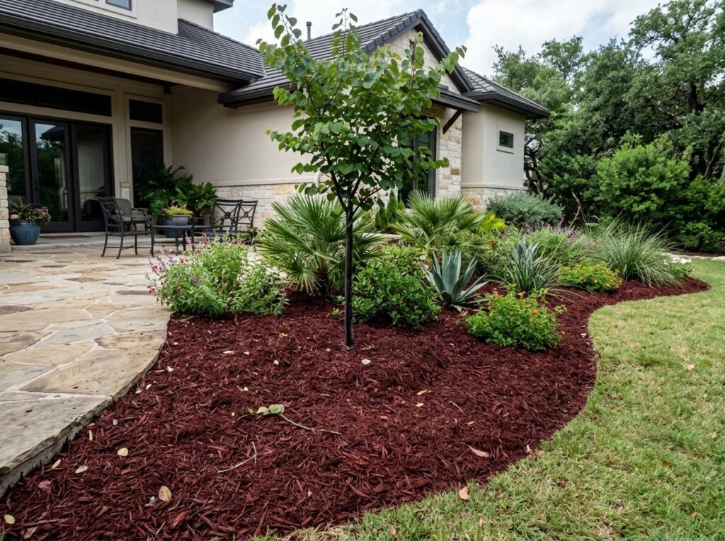 Dark Dyed Red Mulch ground cover in rich red chips spread evenly for landscaping beds.