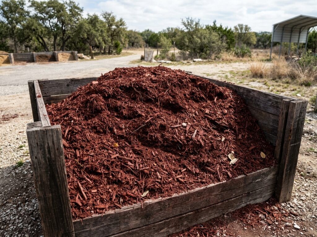 Dark Dyed Red Mulch ground cover, rich red shredded wood pieces spread in an even layer for landscaping.