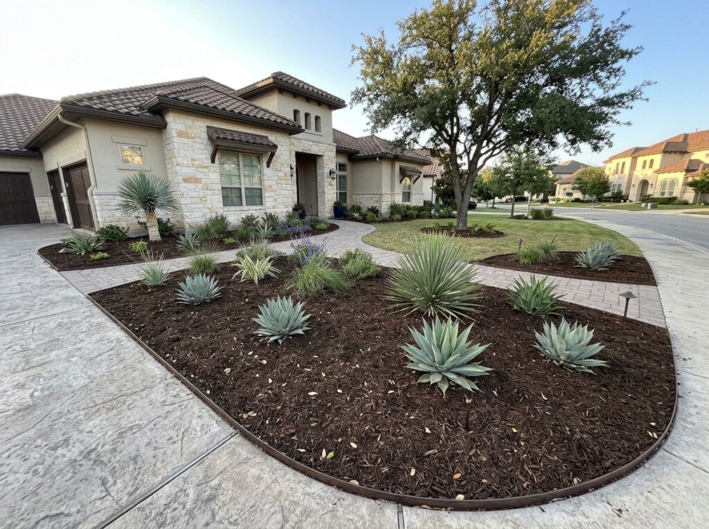 Dark Native Mulch ground cover spread around plants, rich dark-brown shredded texture covering soil.