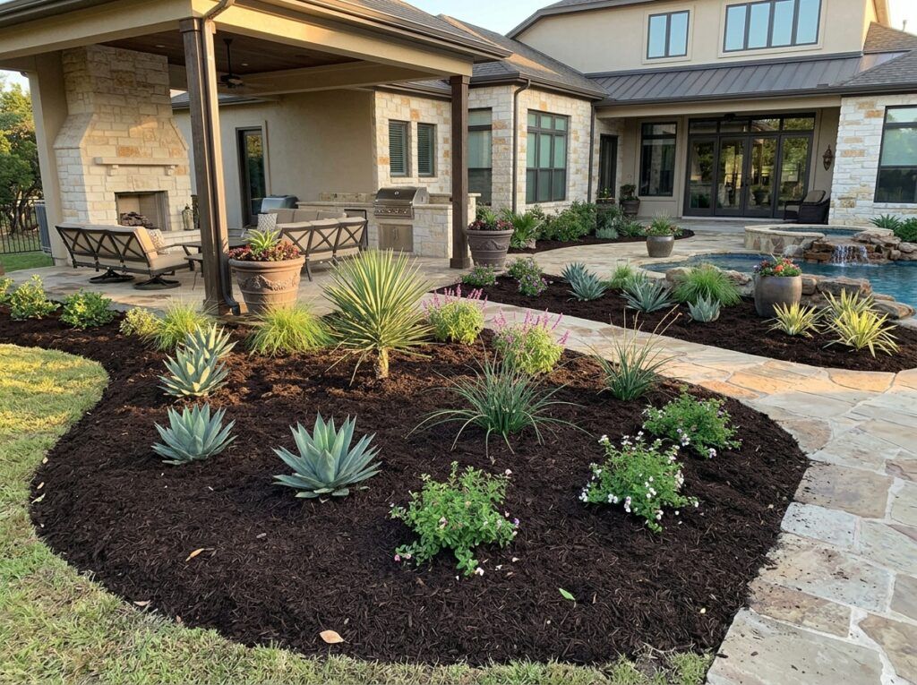Dark Native Mulch ground cover spread around plants in a landscape bed, showing rich dark brown shredded texture.