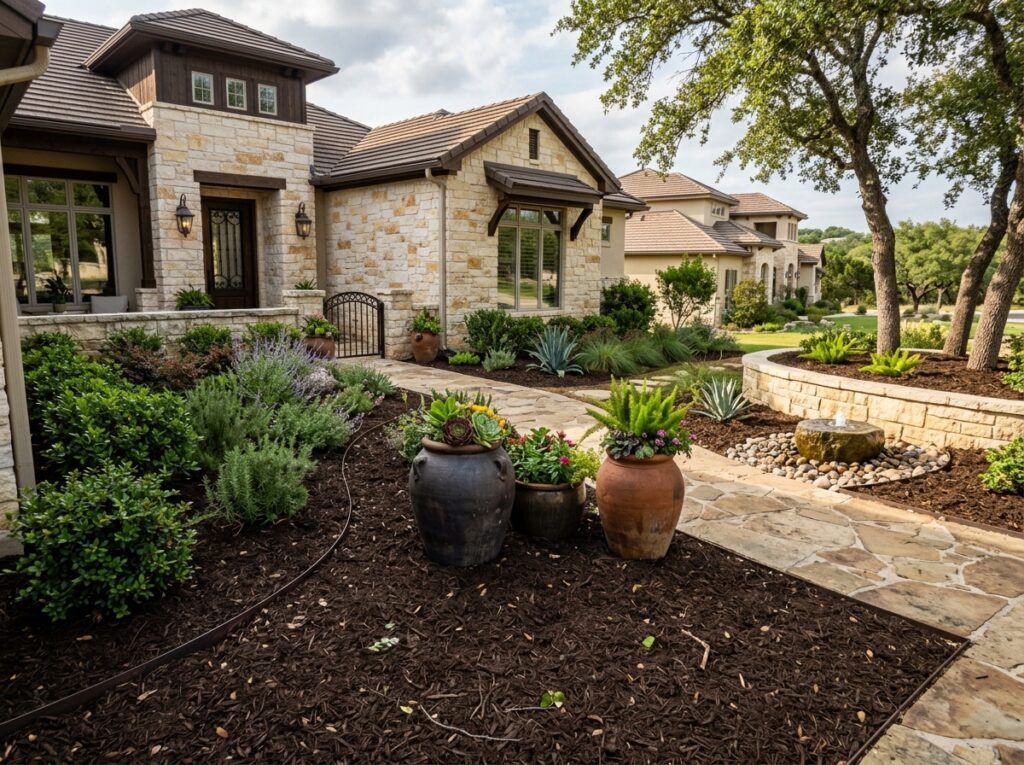 Dark Native Mulch ground cover spread in a garden bed, dark brown shredded texture around plants.