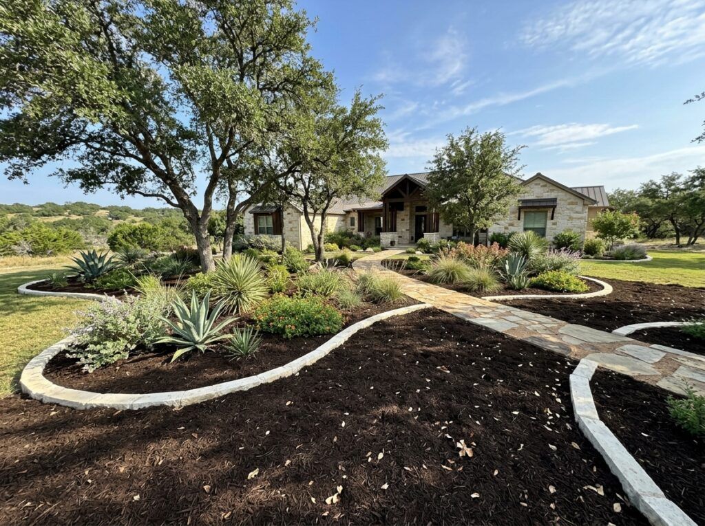 Dark Native Mulch ground cover spread over a planting bed, rich dark brown shredded texture around plants.