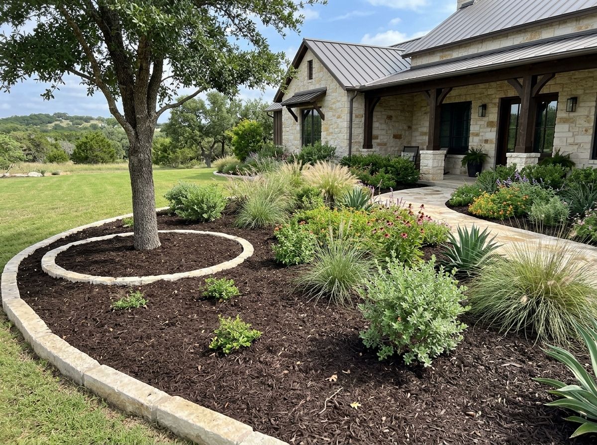 Dark Native Mulch ground cover spread in a landscape bed, rich dark-brown shredded mulch around plants.