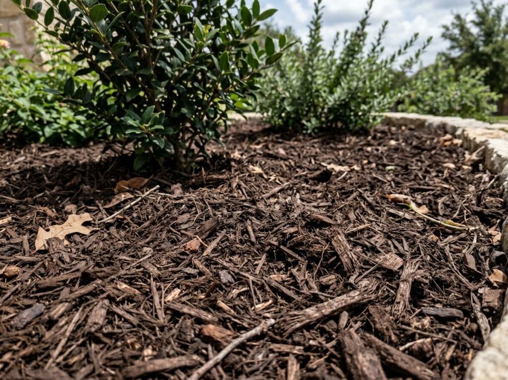 Dark Native Mulch ground cover piled in a neat mound, showing rich dark-brown shredded wood texture.