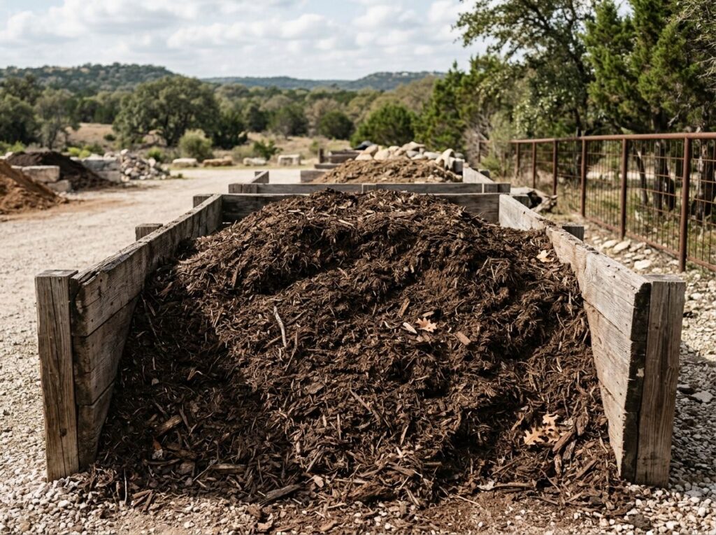 Dark Native Mulch ground cover piled in a neat mound, showing rich dark-brown shredded texture.
