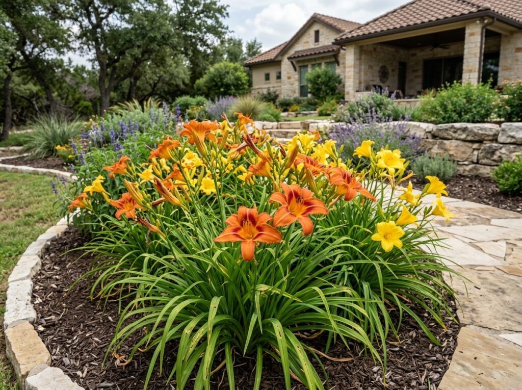 Daylily perennial with orange blooms and green strappy leaves in a nursery pot.