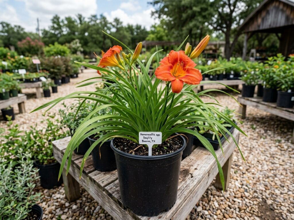 Daylily perennial with arching green leaves and bright orange blooms growing in a nursery container.