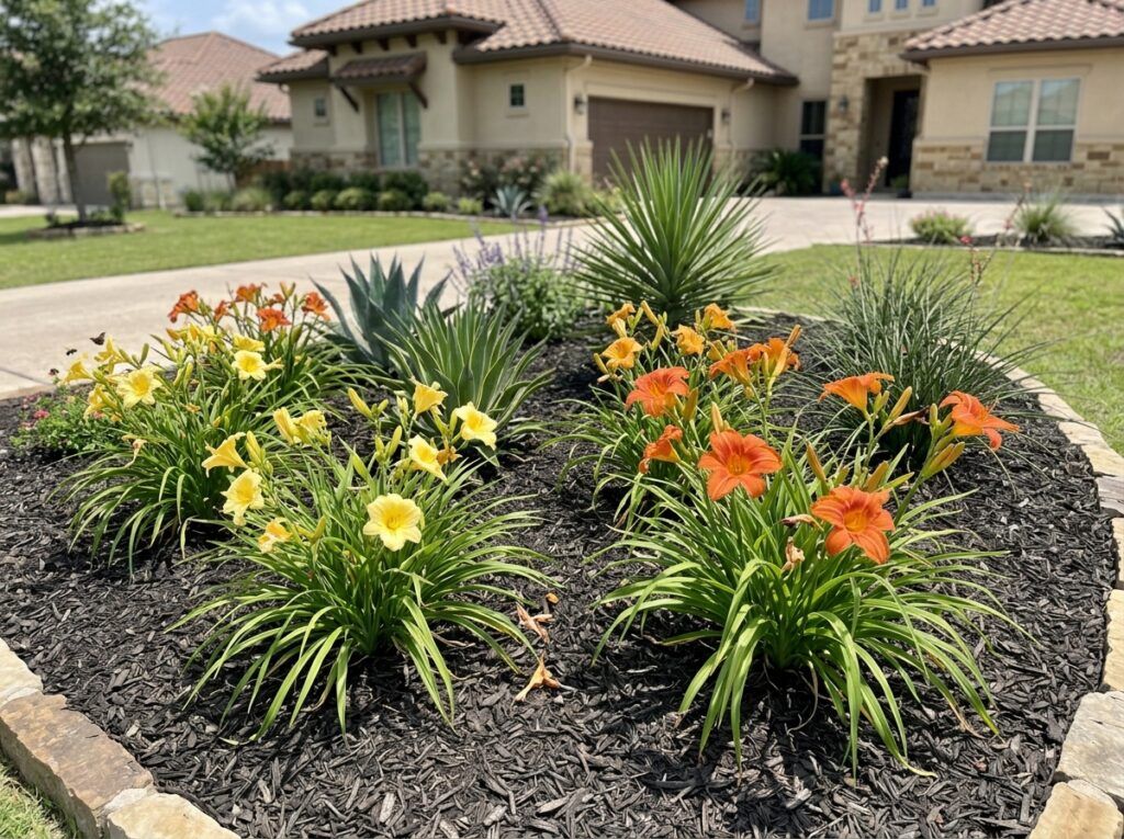 Daylily perennial with orange trumpet blooms and arching green leaves in a nursery container.