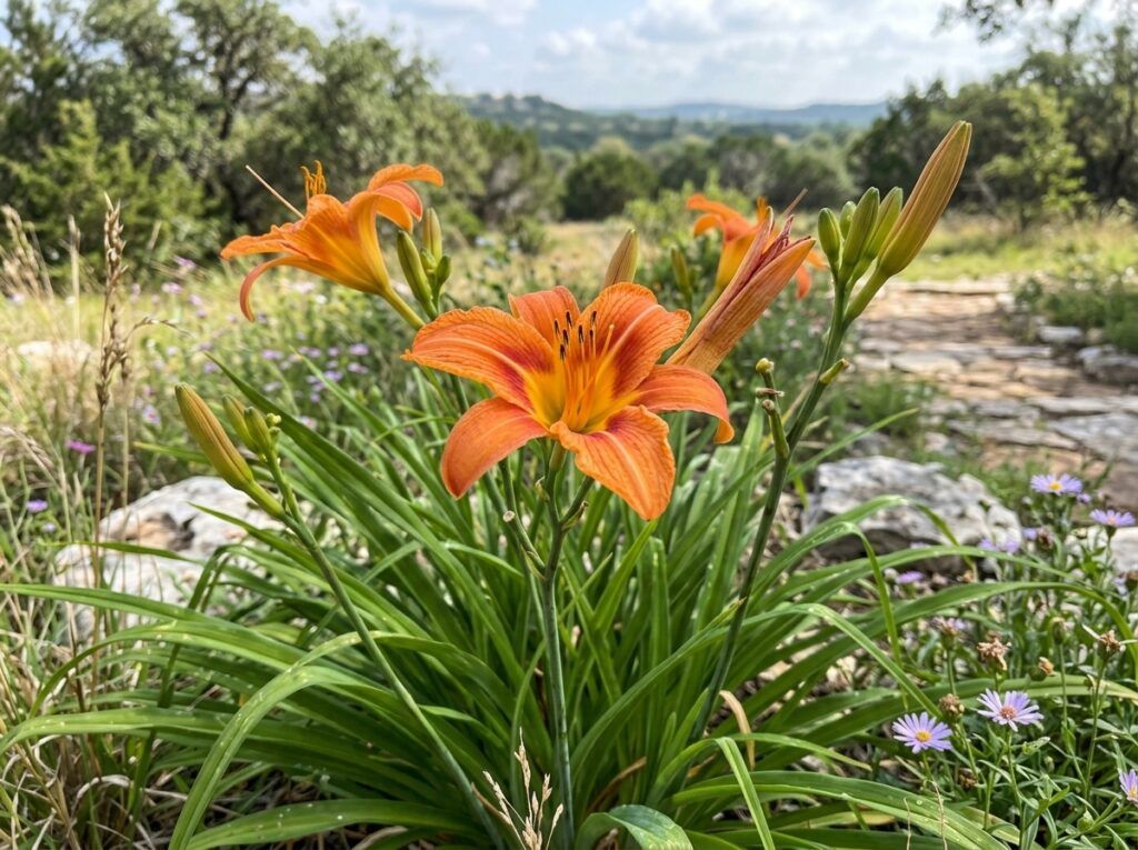 Daylily perennial with orange trumpet-shaped flowers and arching green, strap-like leaves in bloom