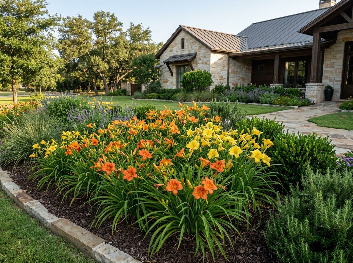 Daylily perennial with orange trumpet-shaped blooms and green strappy foliage planted in a landscaped garden bed.