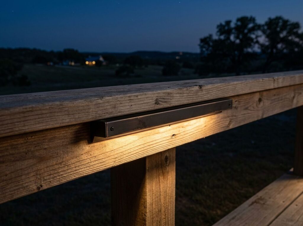 Deck Rail Light in black finish mounted on a deck railing, casting warm downward landscape lighting along the edge.