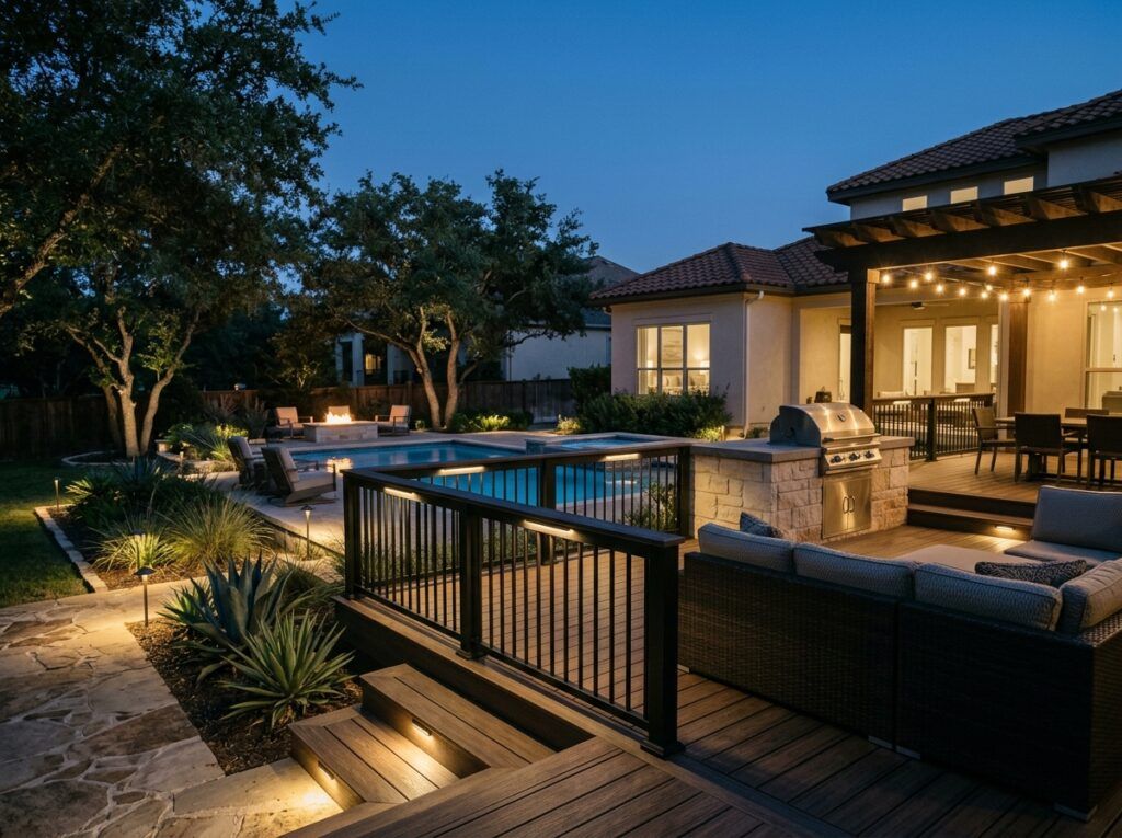 Deck Rail Light landscape lighting installed along a deck railing, casting warm downward light onto steps and patio.