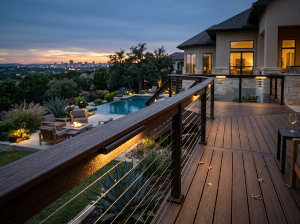 Deck Rail Light landscape lighting mounted on deck railing, casting warm downlight along the wood edge.