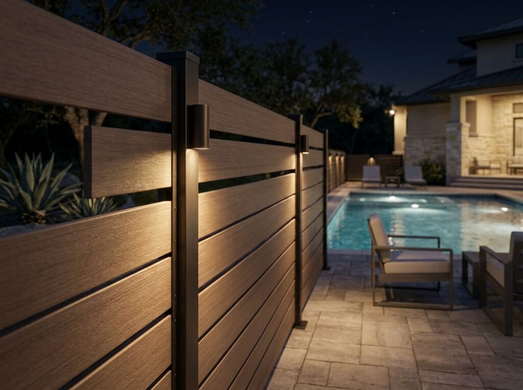 Deck Rail Light landscape lighting mounted on wood deck railing, casting a warm downward glow along steps.