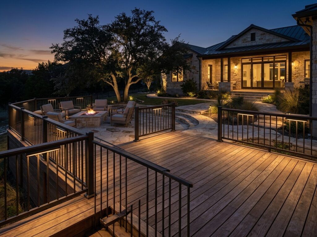 Deck Rail Light landscape lighting mounted under wooden railing, casting warm downlight onto deck steps.