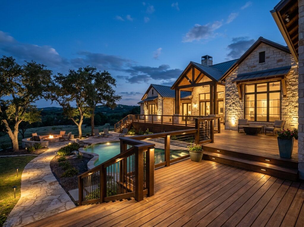 Deck Rail Light landscape lighting installed along deck railing, casting warm downward glow on steps.