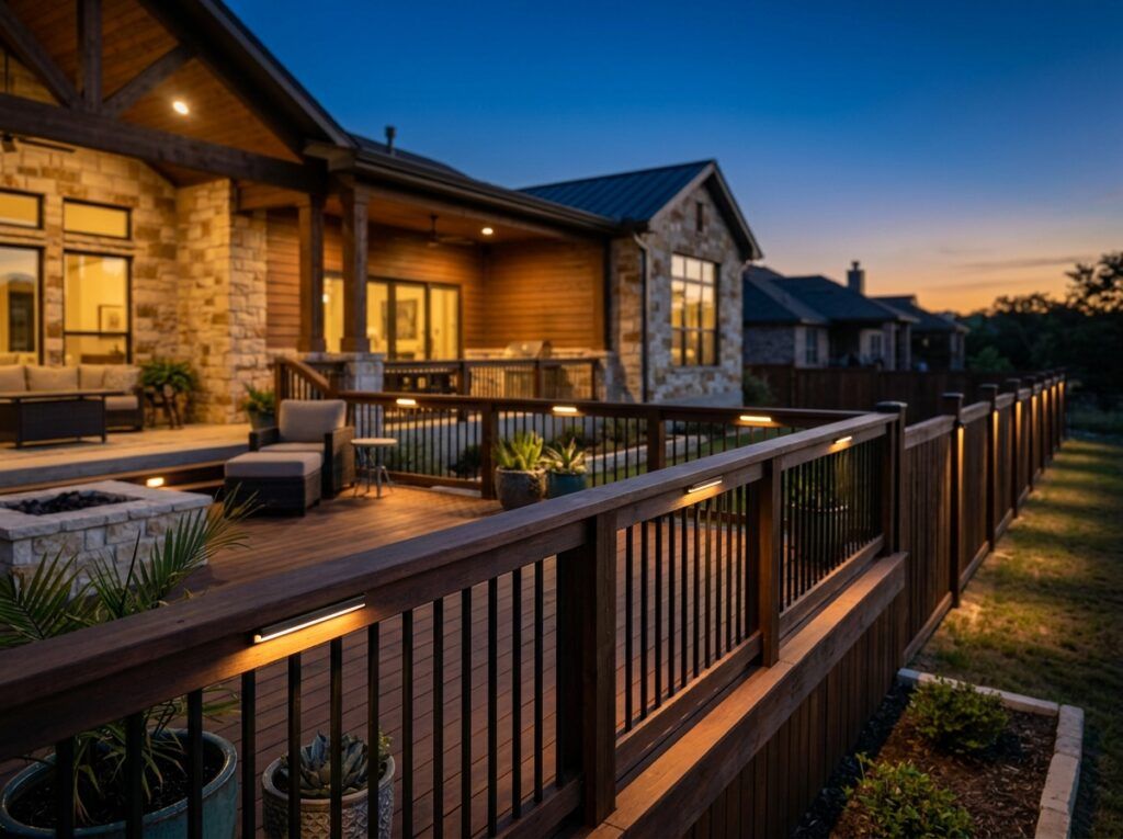 Deck Rail Light installed on a wood deck railing, casting warm downward landscape lighting along the steps.