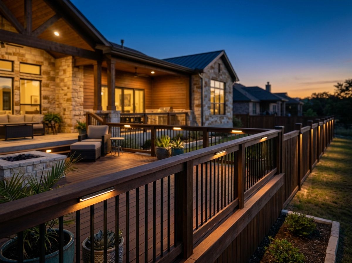 Deck Rail Light installed on a wood deck railing, casting warm downward landscape lighting along the steps.